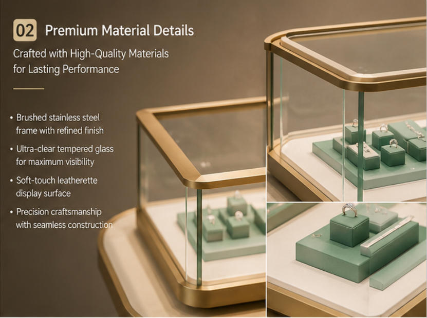 Gold Retail Jewelry Display Counter | Multi-Unit Showcase 8 Gold frame, glass and green accent material details